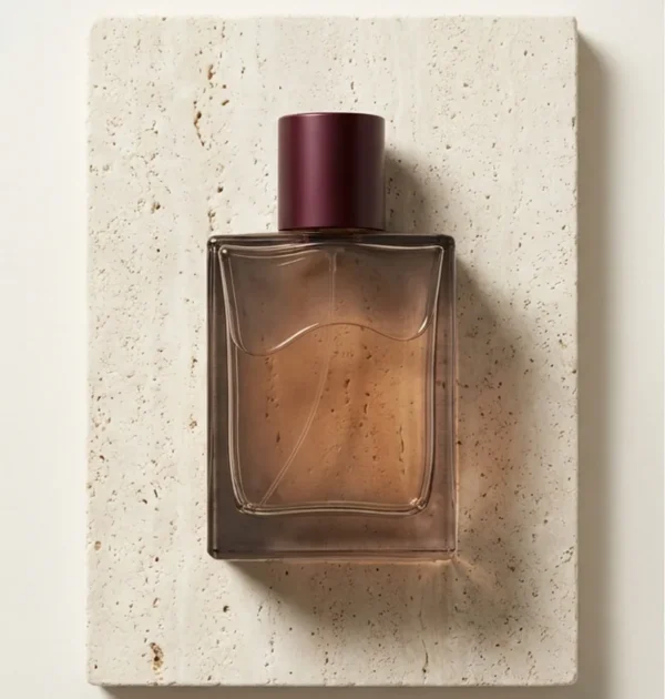 Amber Dusk Eau de Parfum – 50 ml Rectangular amber glass fragrance bottle with a burgundy cap.