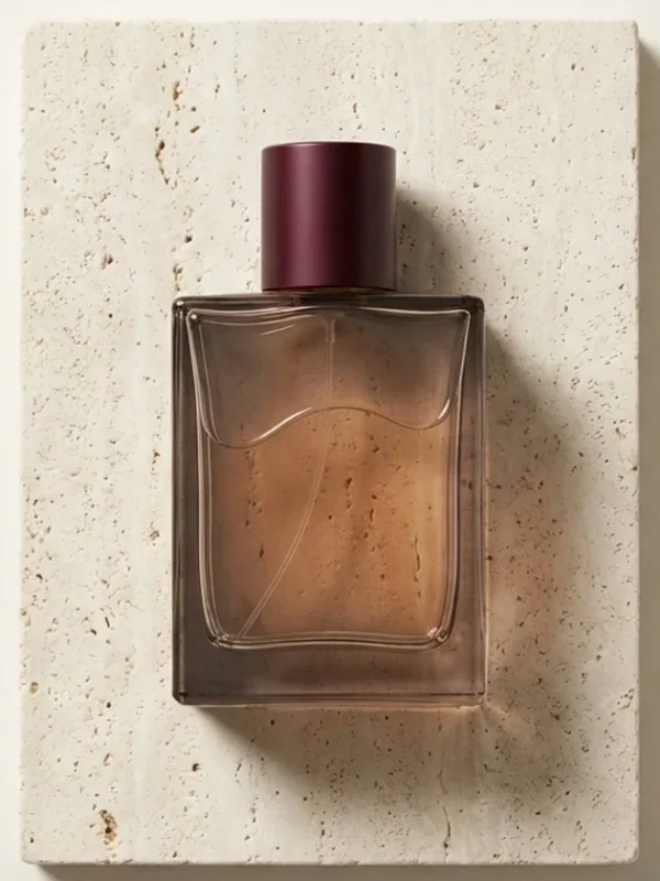 Amber Dusk Eau de Parfum – 50 ml Rectangular amber glass fragrance bottle with a burgundy cap.
