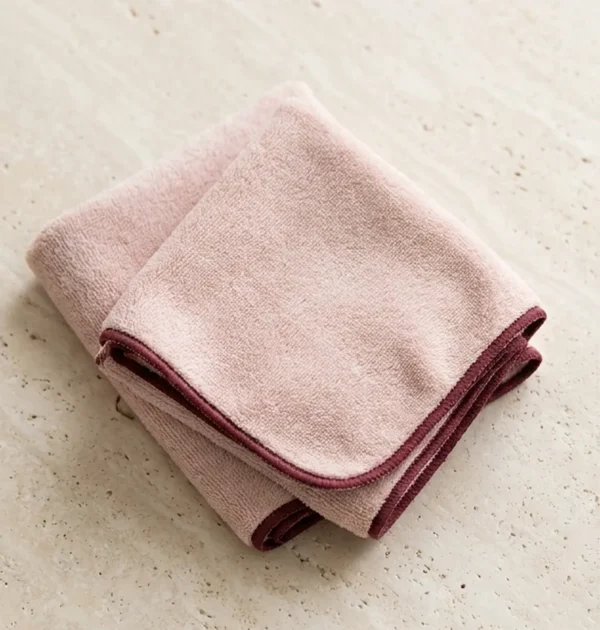 Blush Microfiber Hair Towel Set – 2 Pieces Two folded blush microfiber towels with burgundy trim.