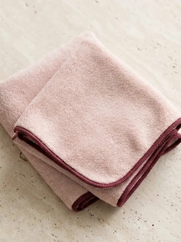 Blush Microfiber Hair Towel Set – 2 Pieces Two folded blush microfiber towels with burgundy trim.
