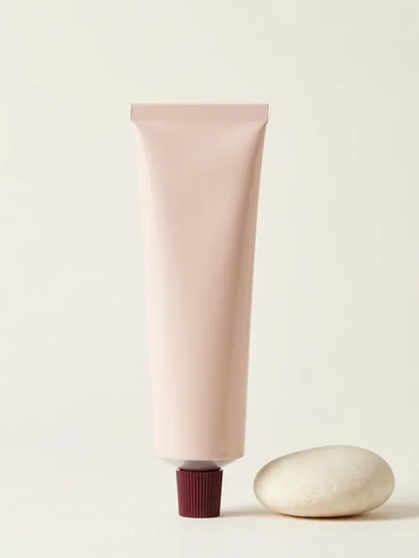 Rose Silk Hand Cream – 50 ml Blush hand cream tube with a burgundy cap beside an ivory stone.